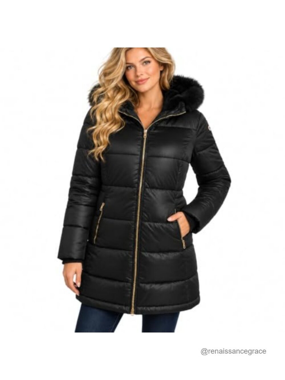 Quilted Long Puffer Coat with Faux Fur Hood & Detachable Hood